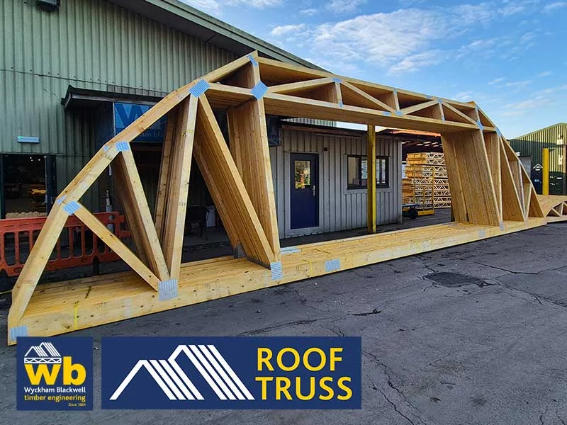 Wooden truss structure on work yard