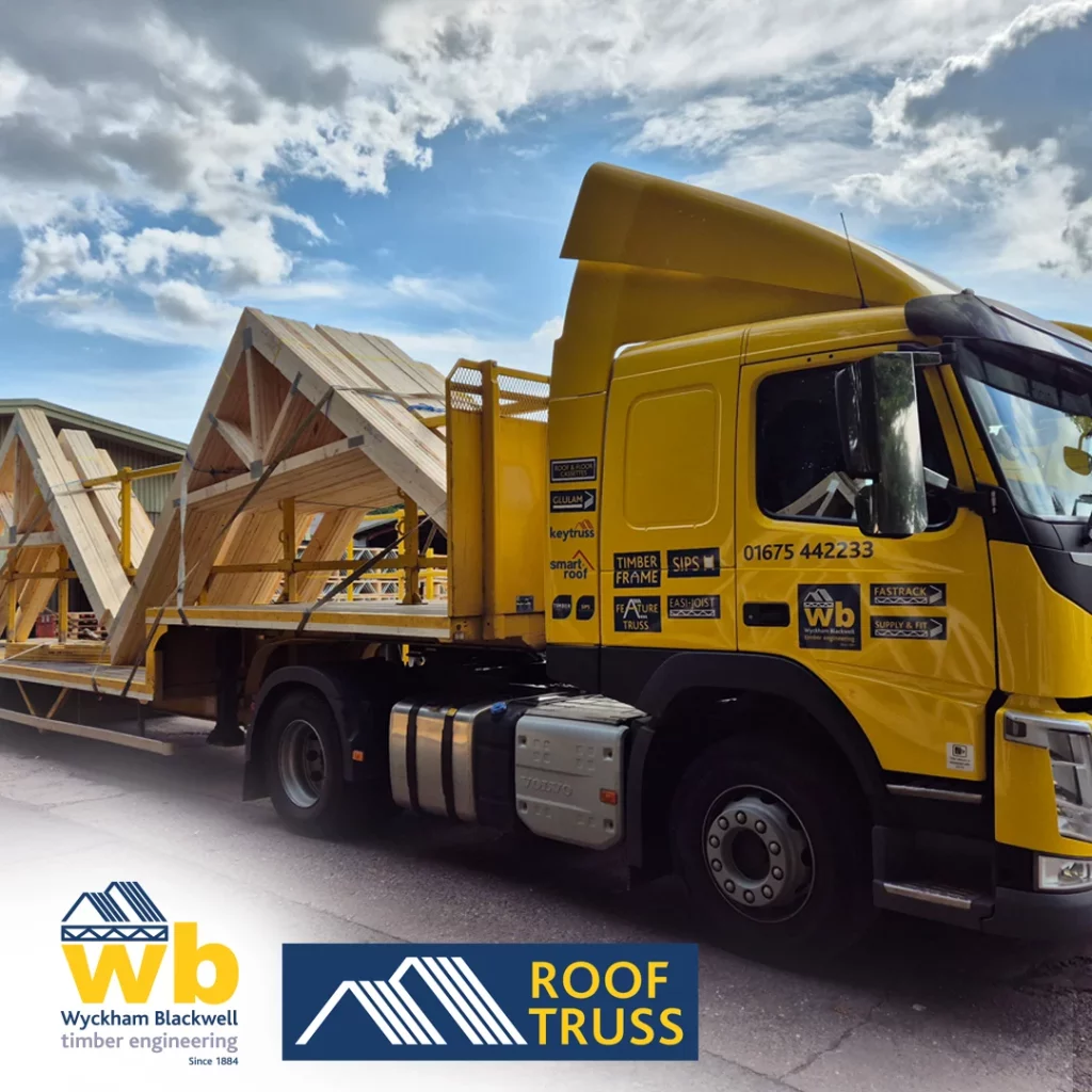 Roof truss on back of flat bed lorry