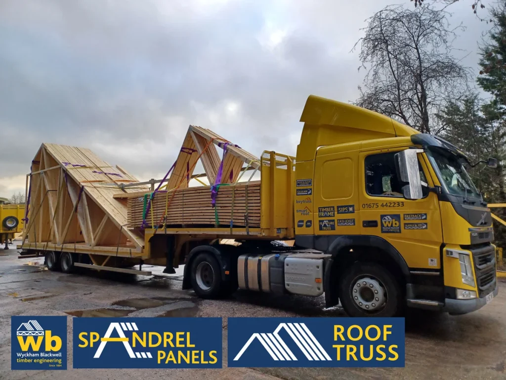Lorry with roof trusses on