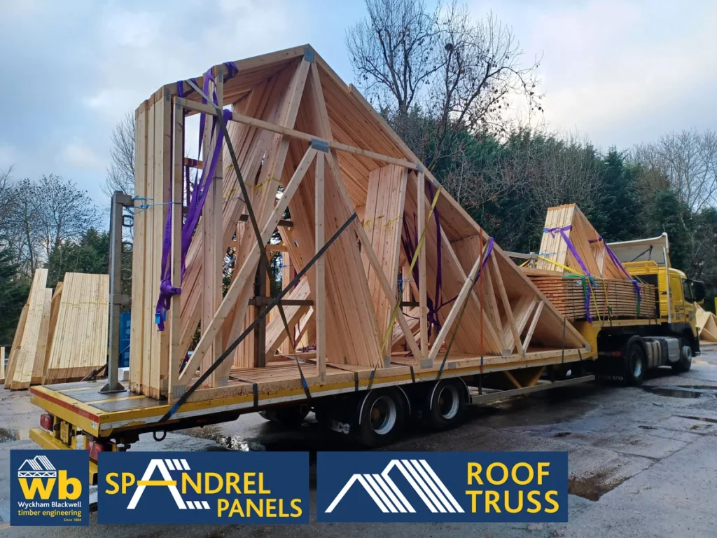 Lorry with roof trusses on