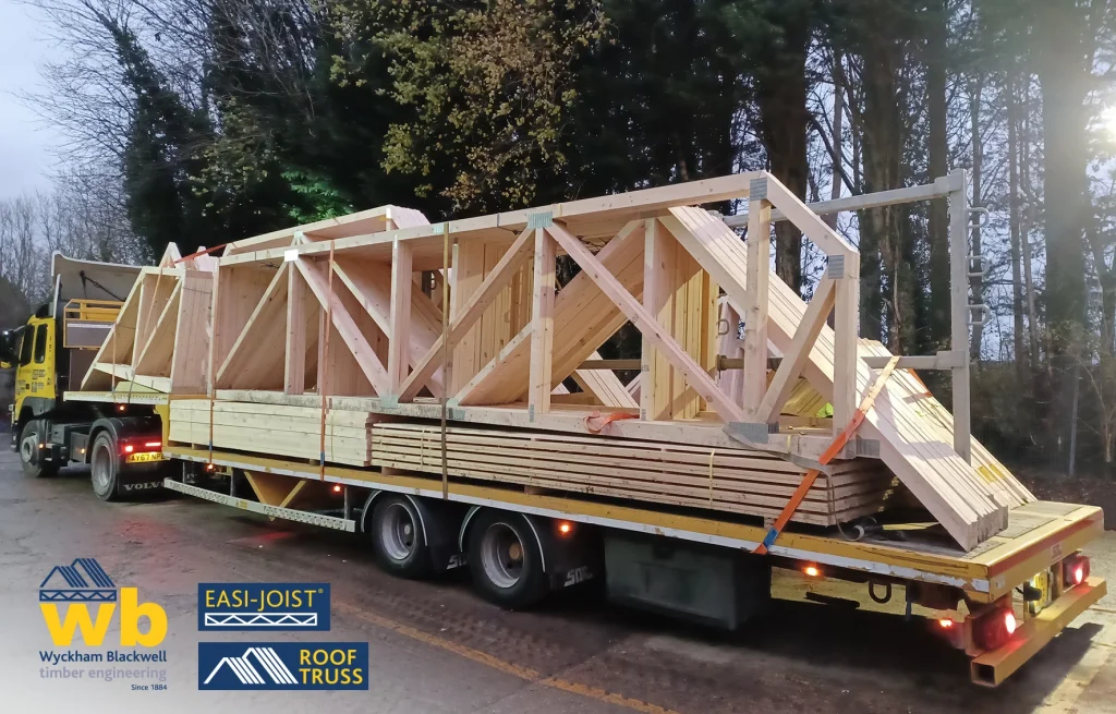 The back of the Wyckham Blackwell lorry, loaded with the Trusses.