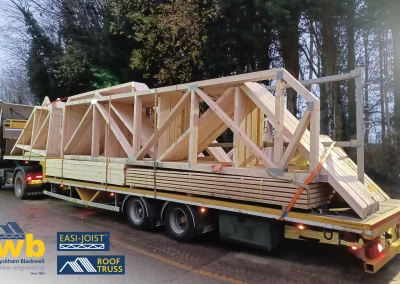 The back of the Wyckham Blackwell lorry, loaded with the Trusses.